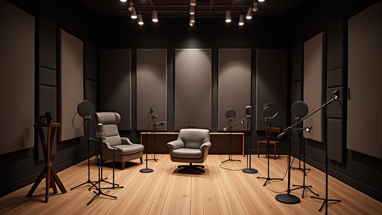 Sala de grabación principal, insonorizada y con varios micrófonos.